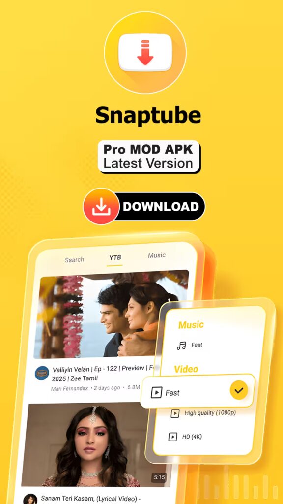 Snaptube Pro APK app interface showing video download options on Android